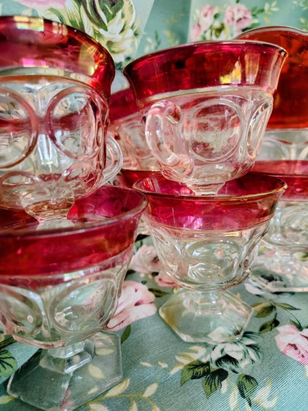 Vintage 1960s Indiana Glass Company Cranberry Red Glass Bowl, 11 Glasses, Set - Picture 4 of 16